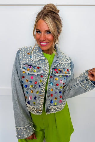 The Main Character Pearls & Gemstones Denim Jacket