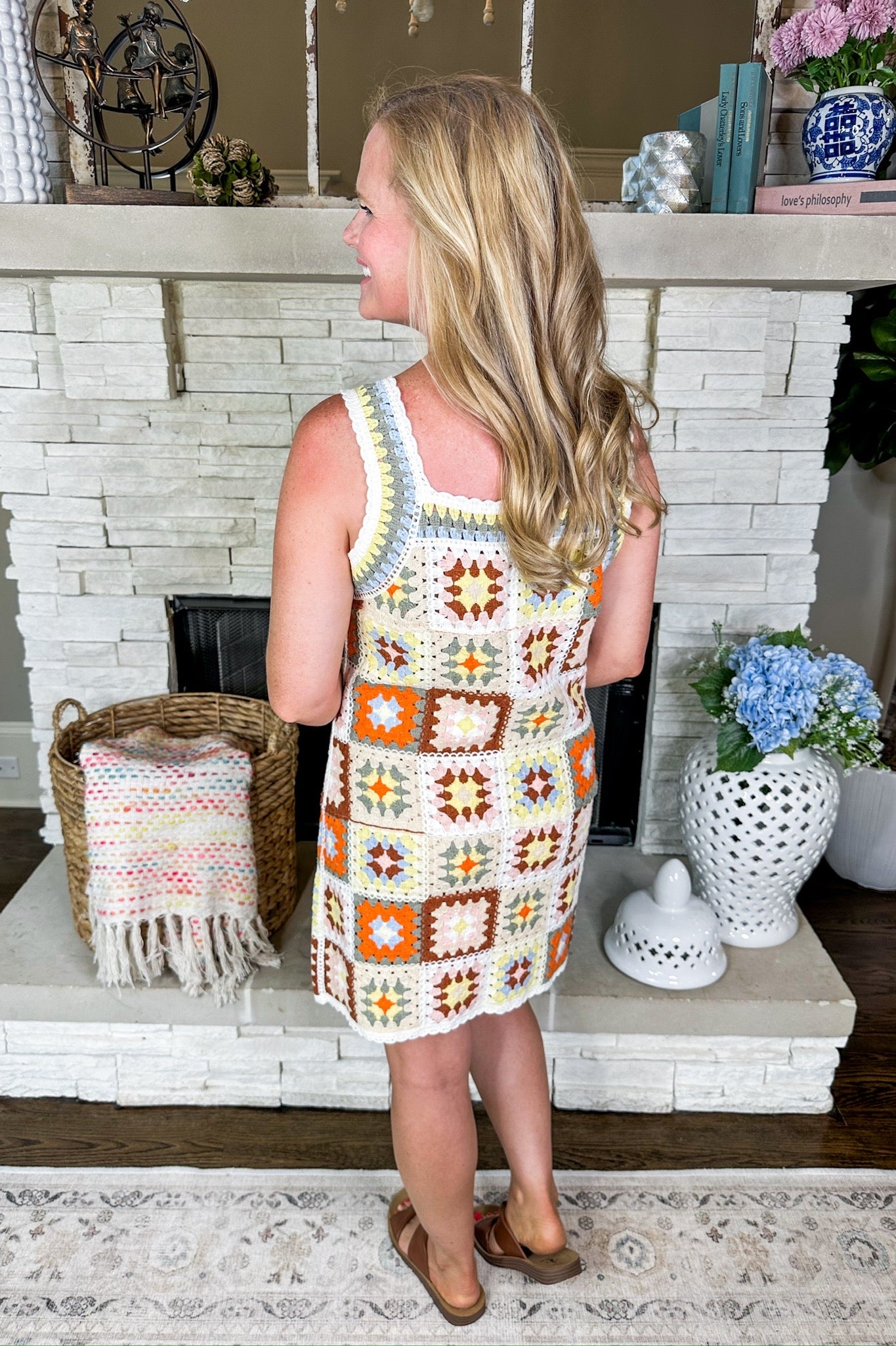 Straight Fit Crochet Granny Square Dress in Neutrals