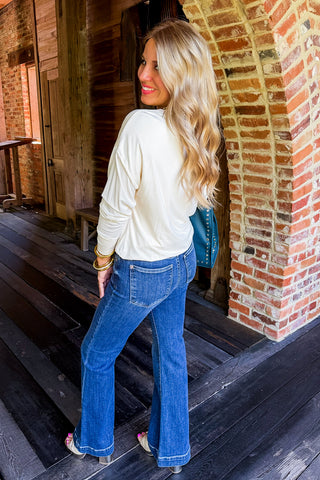 Soft Escape Bubble Hem Long Sleeve Top in Off White