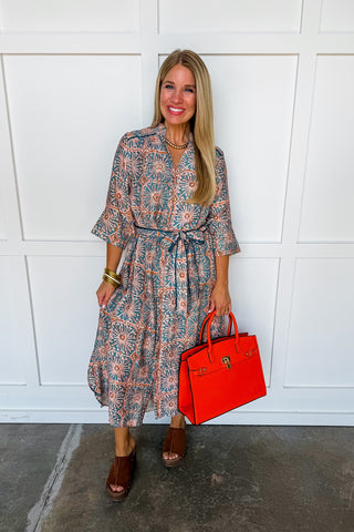 Stamped Tile Print Maxi Dress in Blue