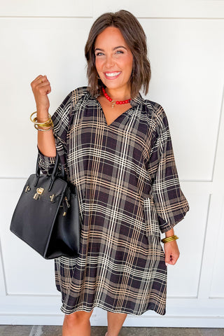 Windowpane Plaid Swing Dress in Black