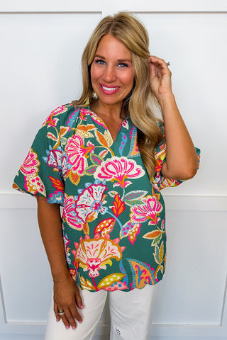 Happy Hour Floral Top in Emerald