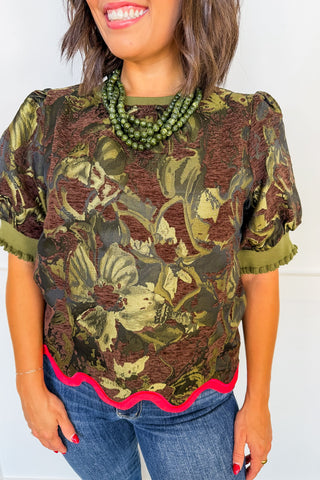 Camo Bloom Scallop Hem Top