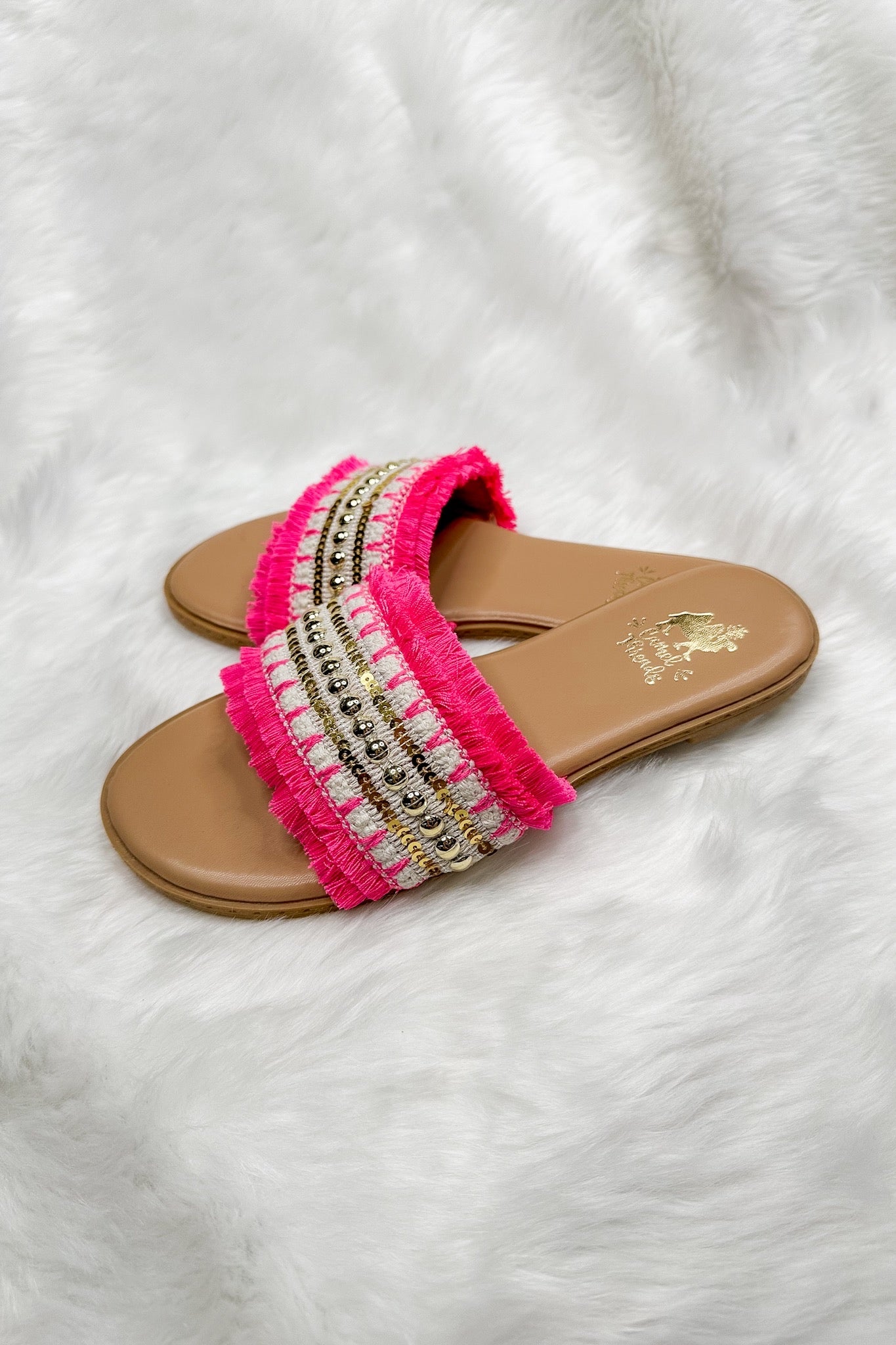 Boho Woven Fringe Camel Threads Sandal in Pink