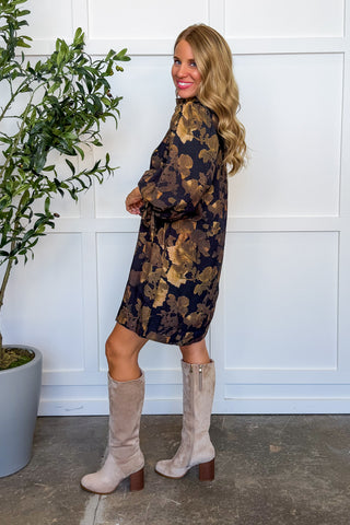 Social Season Button Front Dress in Black Floral