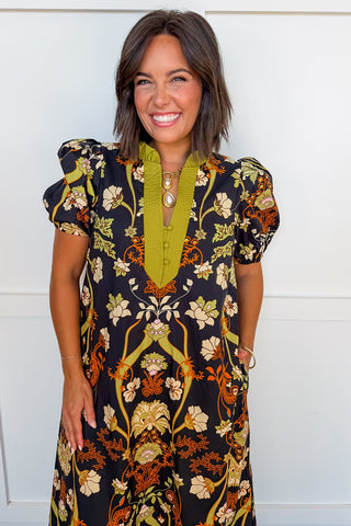 A Pop of Chartreuse Harvest Garden Midi Dress