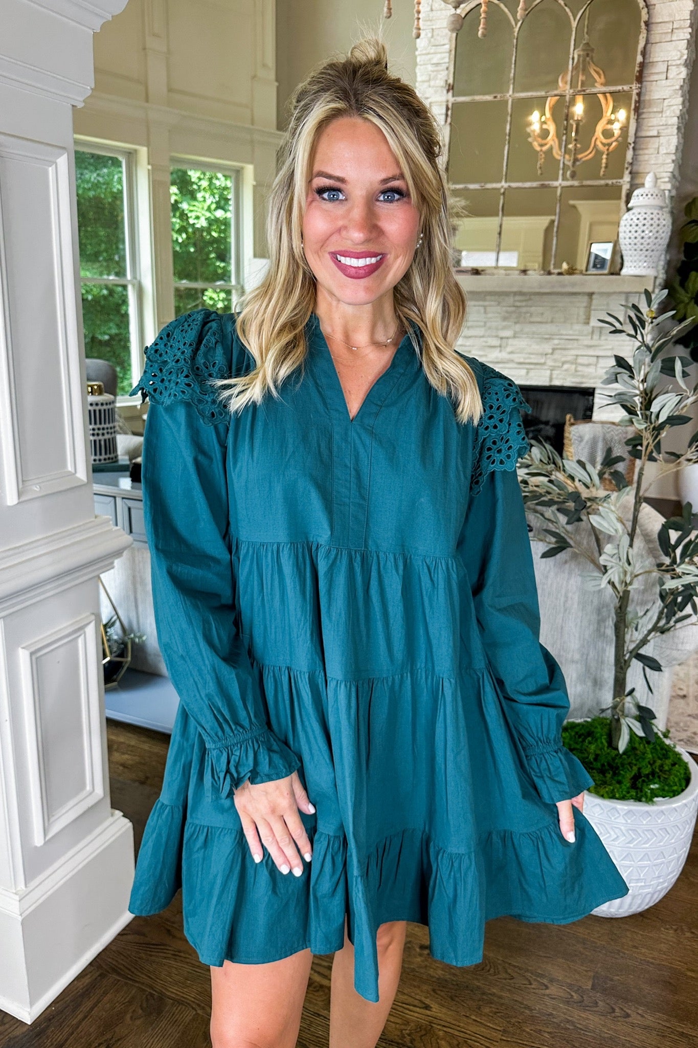 Eyelet Ruffle Sleeve Collared Tiered Long Sleeve Dress in Hunter Green