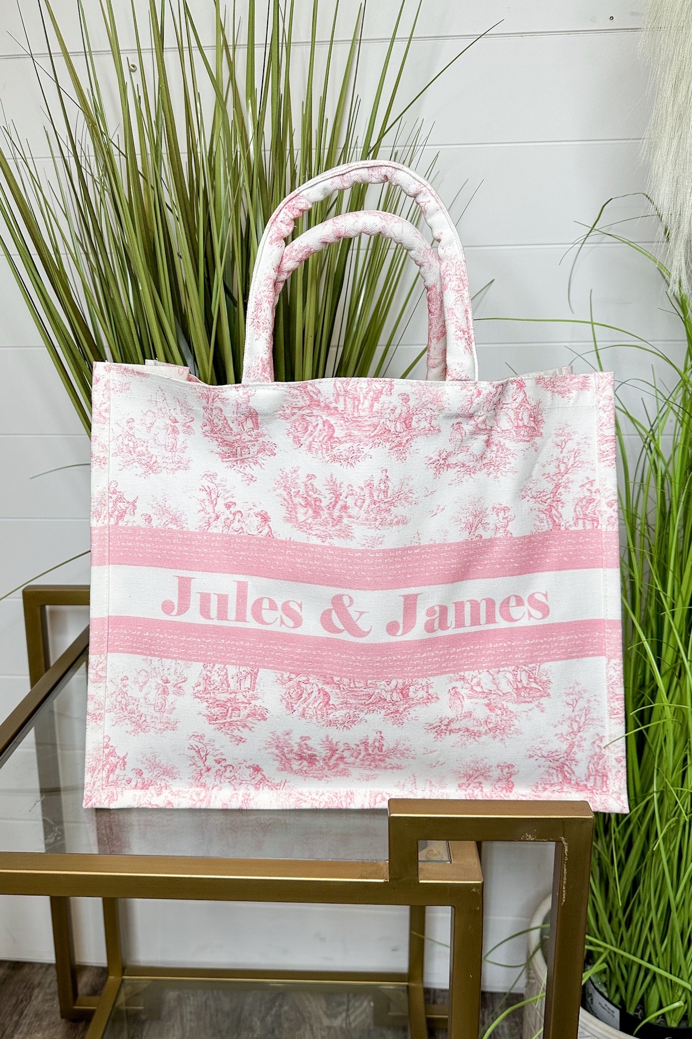 Jules & James Textured Cloth Toile Tote Bag in Pink