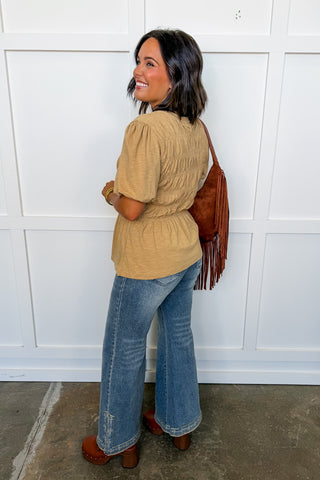 The Hope Smocked Peplum Top in Tan by Mary Square