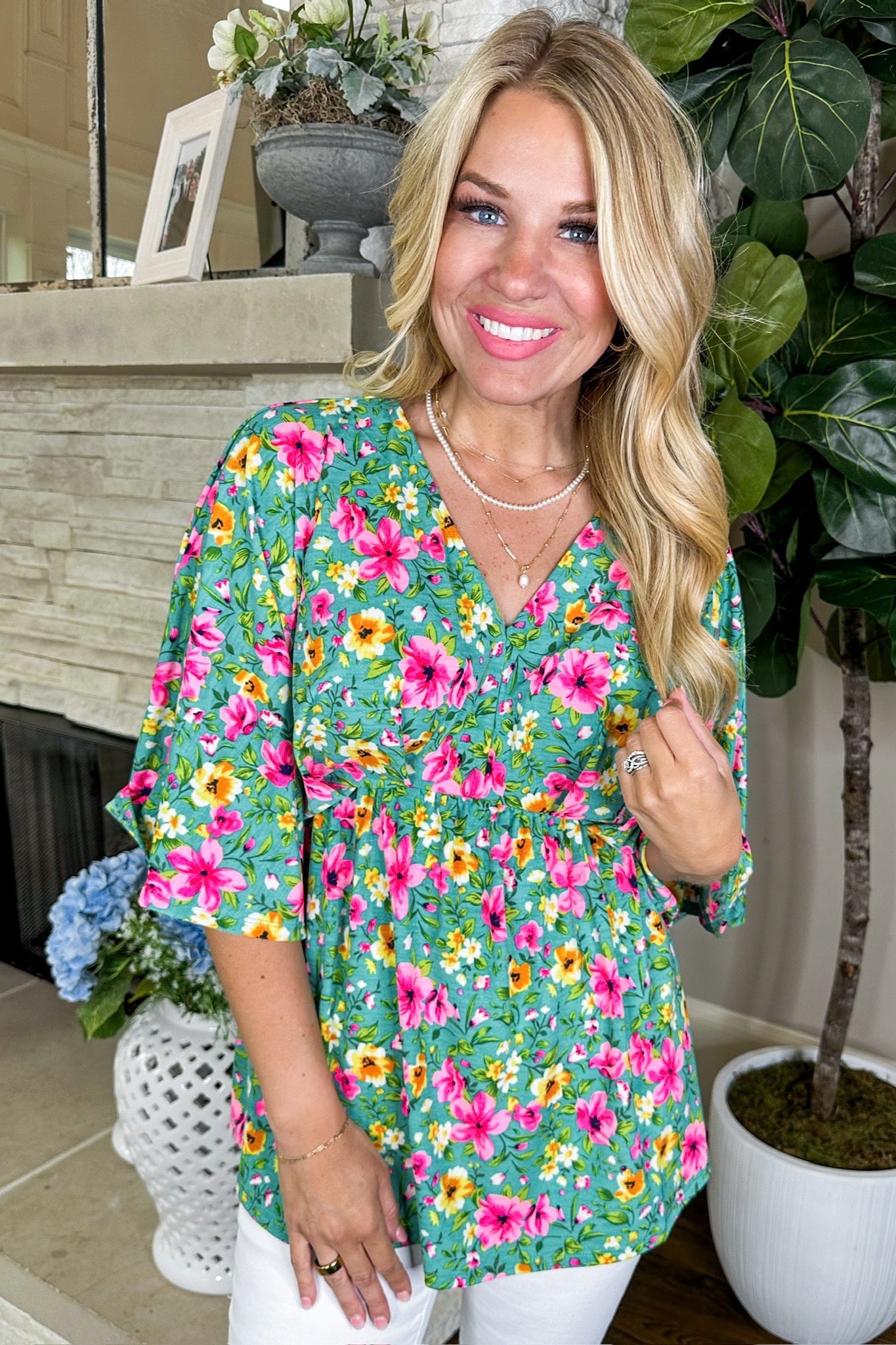 The Daydreamer Top in Green Fuchsia Floral