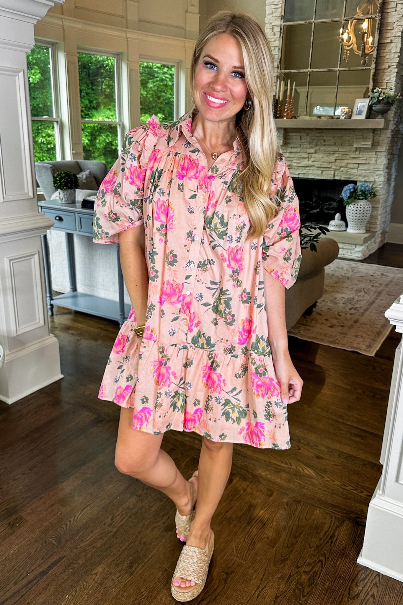 Painted Floral Button Down Drop Waist Collared Dress