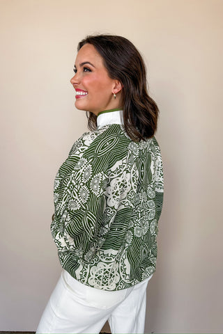 The Sarah Top in Printed Olive & White