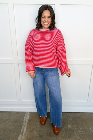 Cozy Season Stripe Knit Sweater in Red & Pink