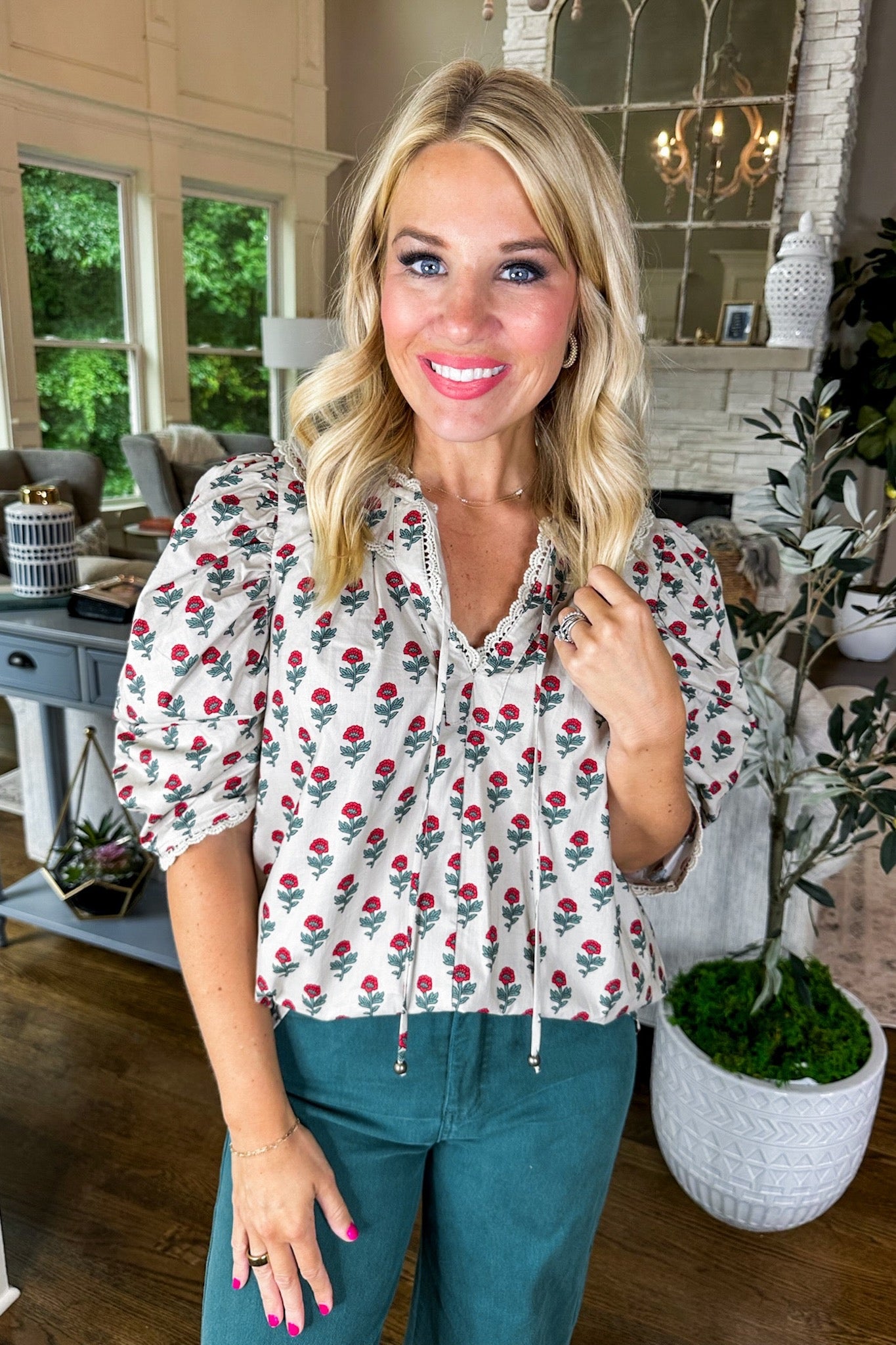 Scallop Lace Trim Puff Sleeve Red Flower Taupe Top