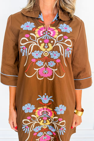 Folk Song Embroidered Shift Dress in Brown