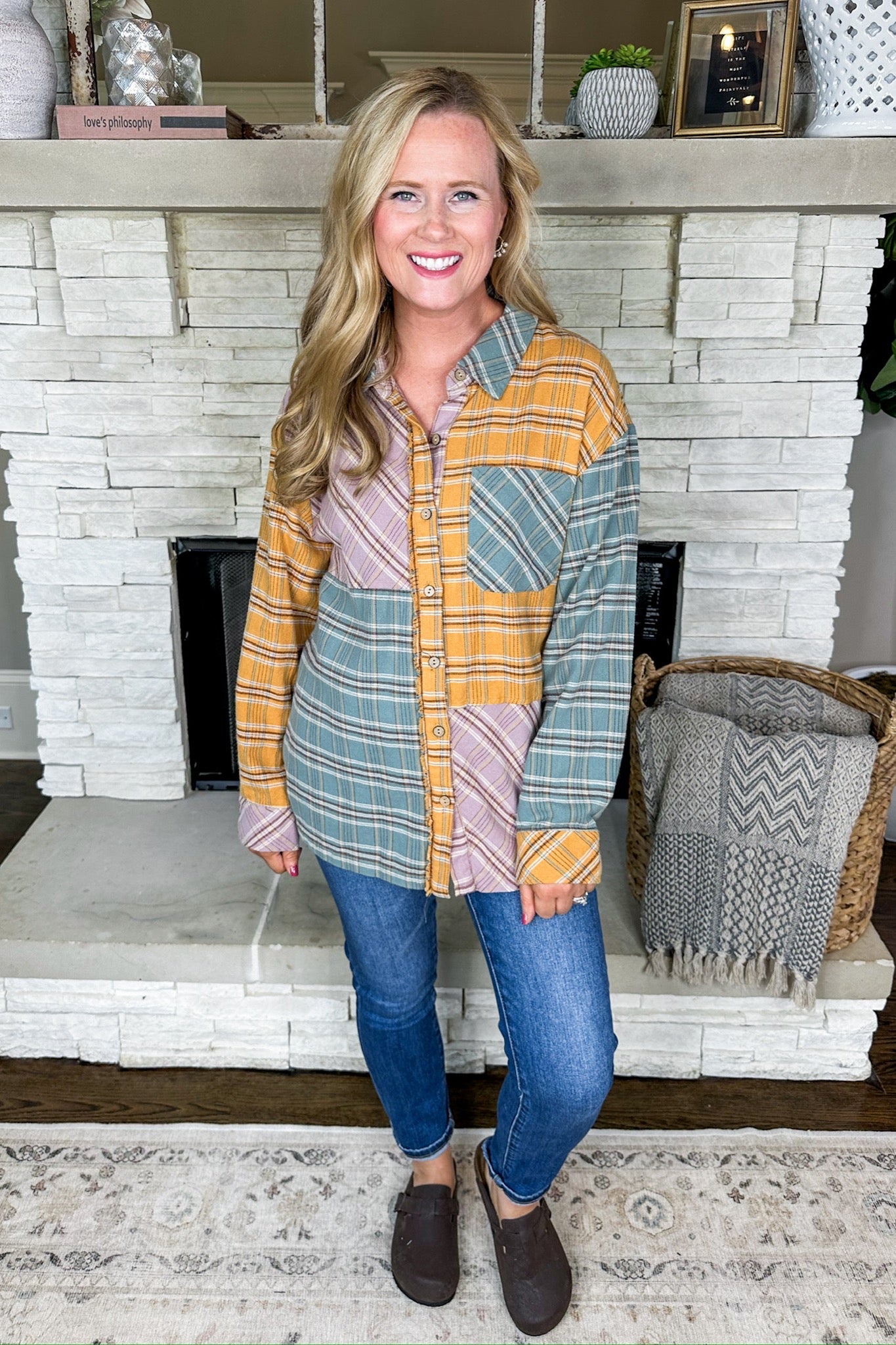 Mixed Color Flannel Button Down Top