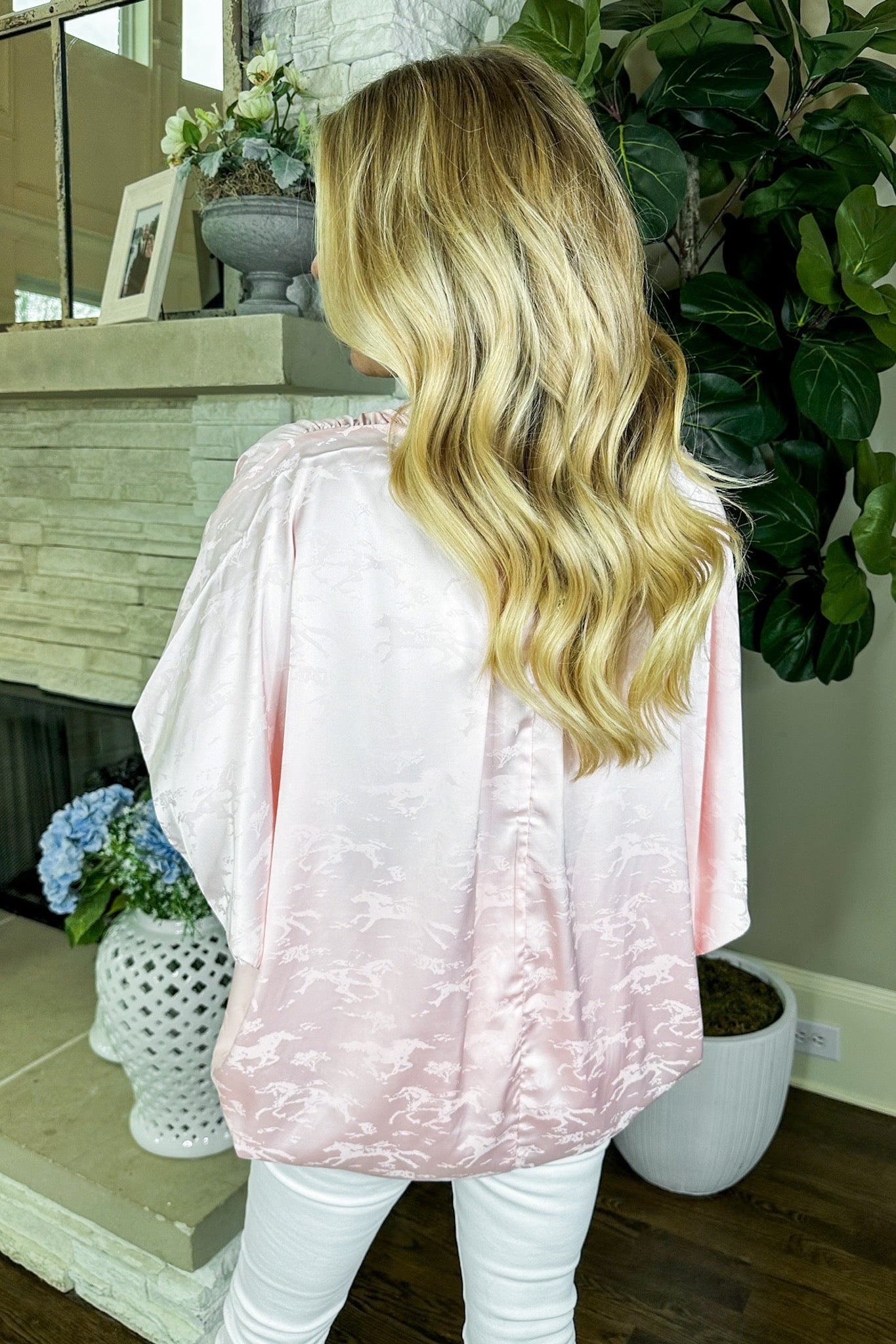 Baby Pink Satin V Neck Bow Top