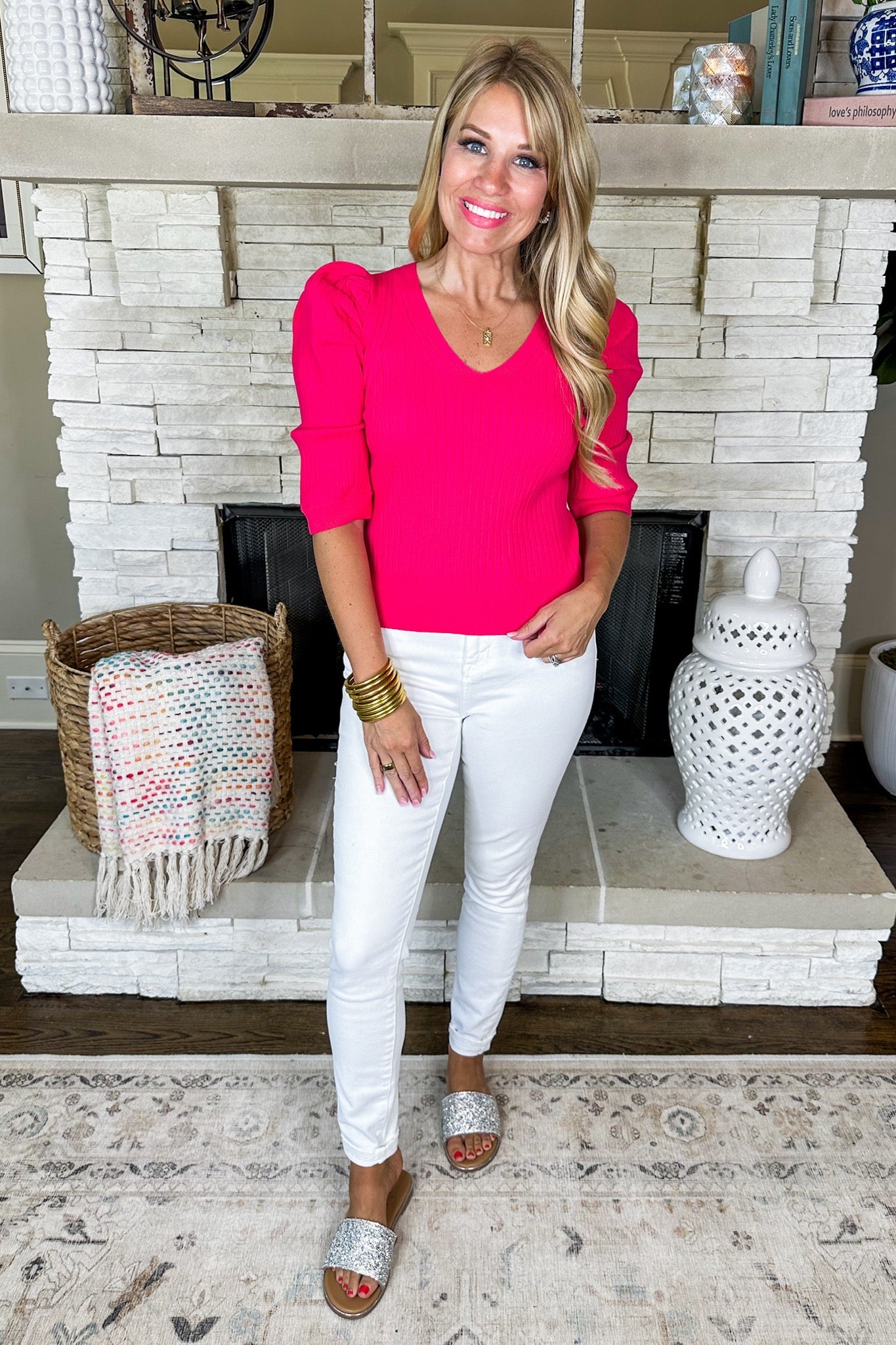 Ribbed Puff Sleeve Tailored Fit Top in Pink