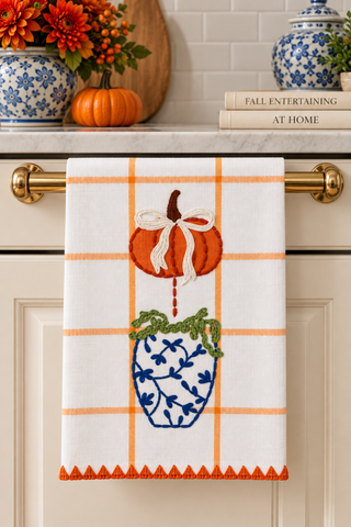 Checkered Pumpkin Applique Topiary Towel