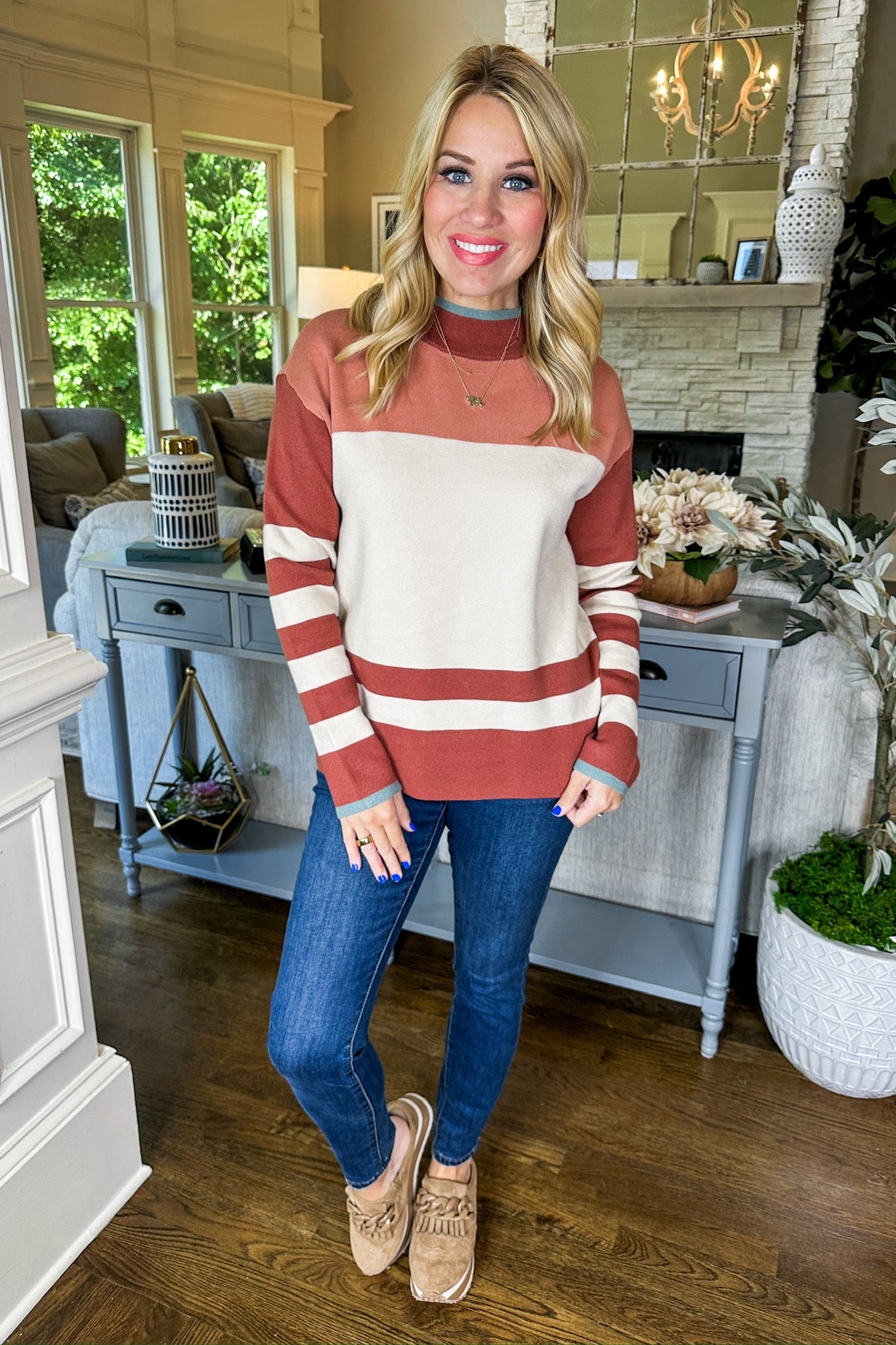 Fall Toned Color Block Striped Viscose Sweater