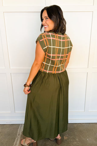 Two-way Midi Dress + Sweater Set in Olive Plaid