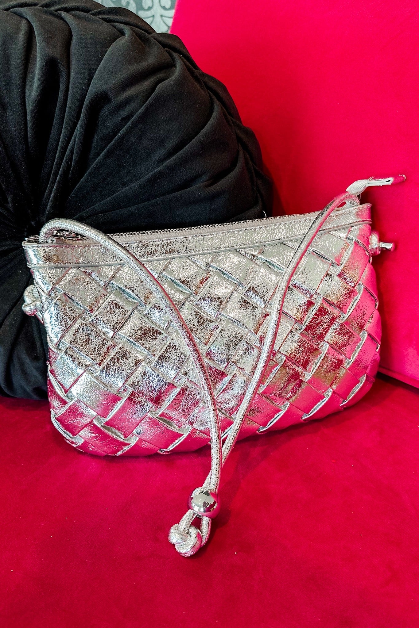 The Regina Woven Vegan Leather Shoulder Bag in Silver