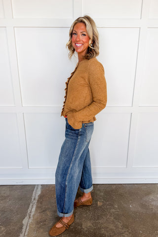 Caramel Kiss Ruffle Hem Button Front Cardigan