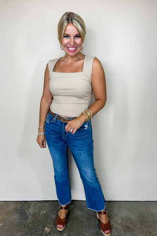 Hot Pink Deal Fitted Square Neck Tank Top In Khaki