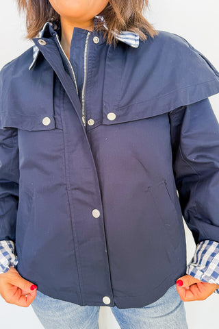 The Harbor Cape Jacket in Navy Gingham