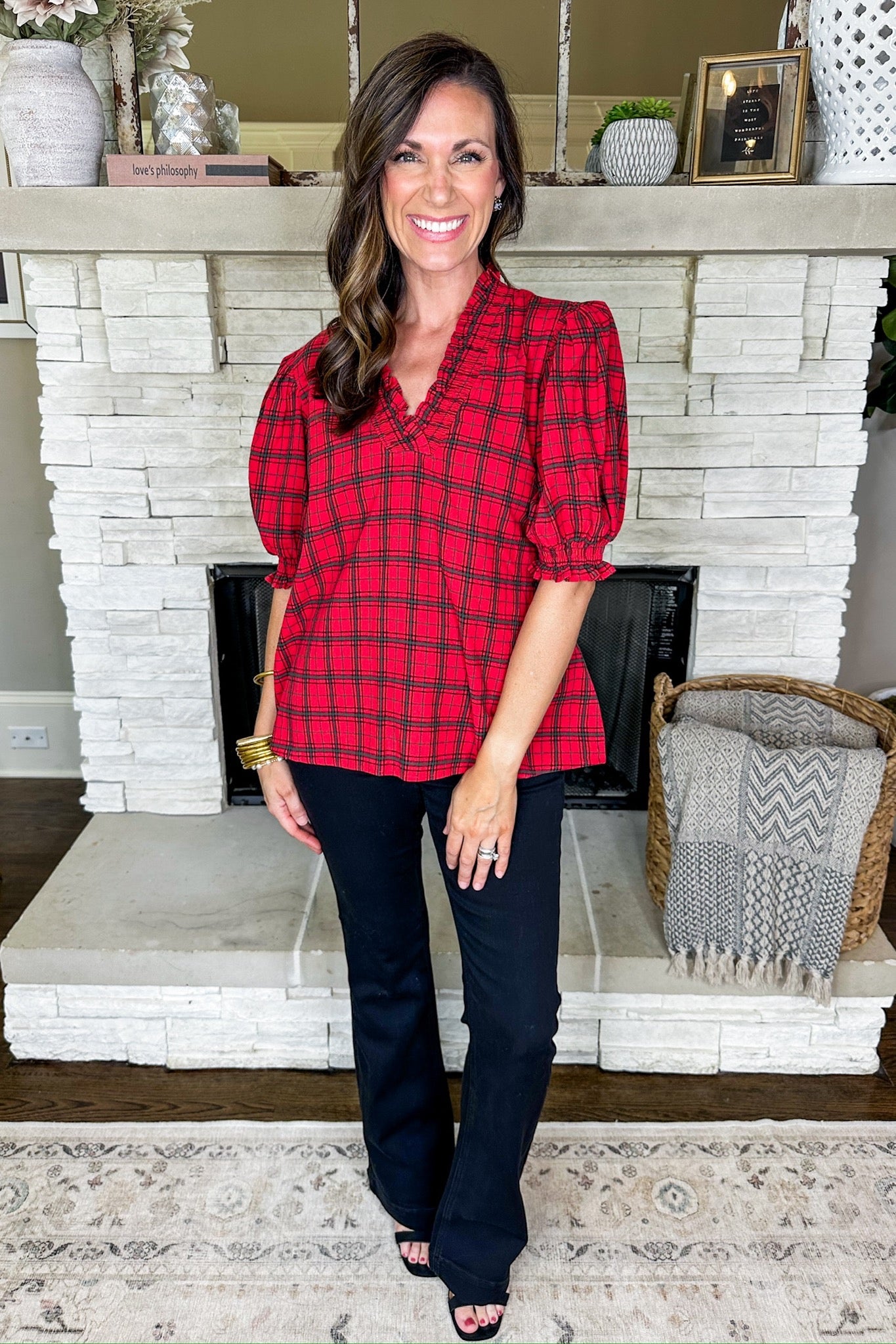 red smocked top
