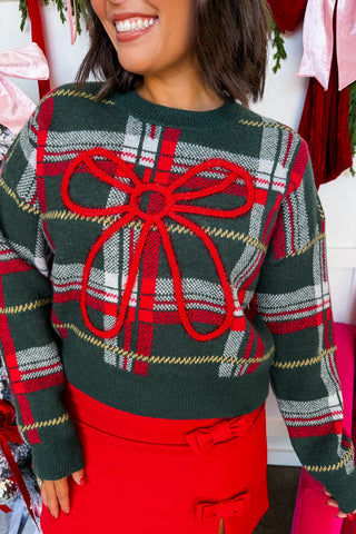 Plaid Tidings Holiday Bow Sweater