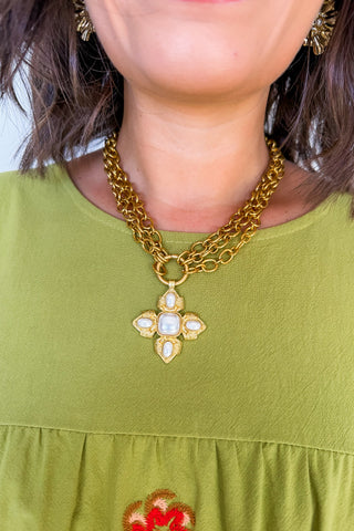 Byzantine Cross Multi Strand Necklace in Gold & Pearl