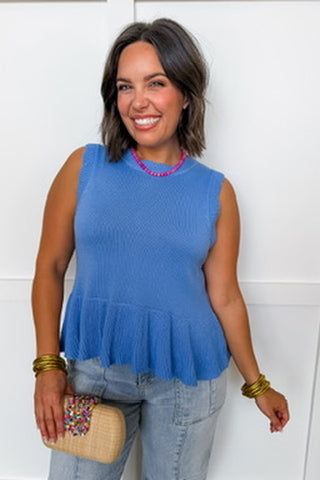 Sweetest Scalloped Reversible Knit Tank in Chambray Blue