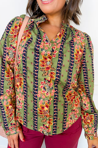 Ruffle Romance Floral Blouse in Dusty Sage