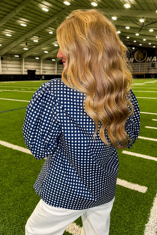 The Elaine Top in Gingham Navy/Orange by Mary Square