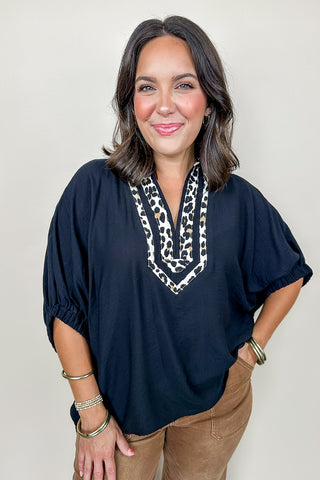 The Sarah Cheetah Print V Neck Top In Black