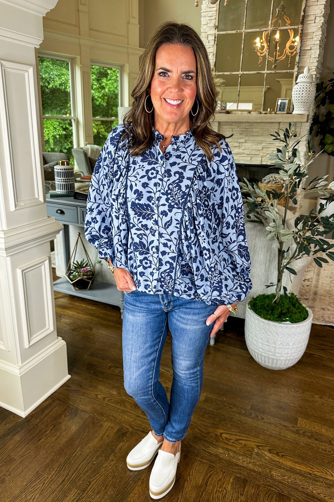 Navy Floral Button Down Balloon Long Sleeve Top