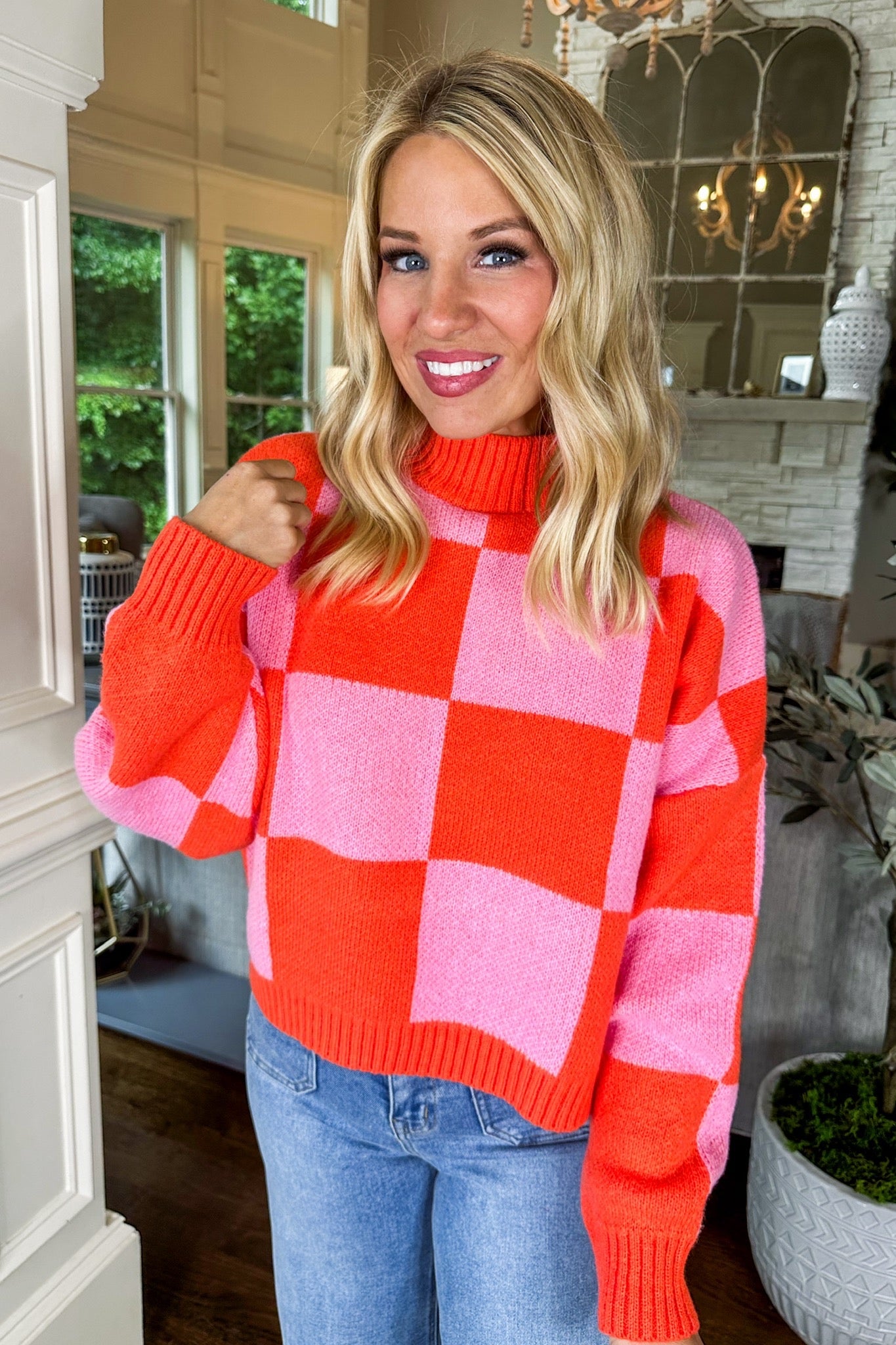 Pink & Orange Checkered Turtle Neck Cropped Sweater