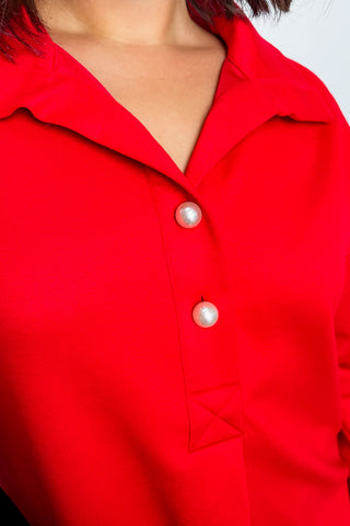 Red Chic Collard Top with Pearl Buttons
