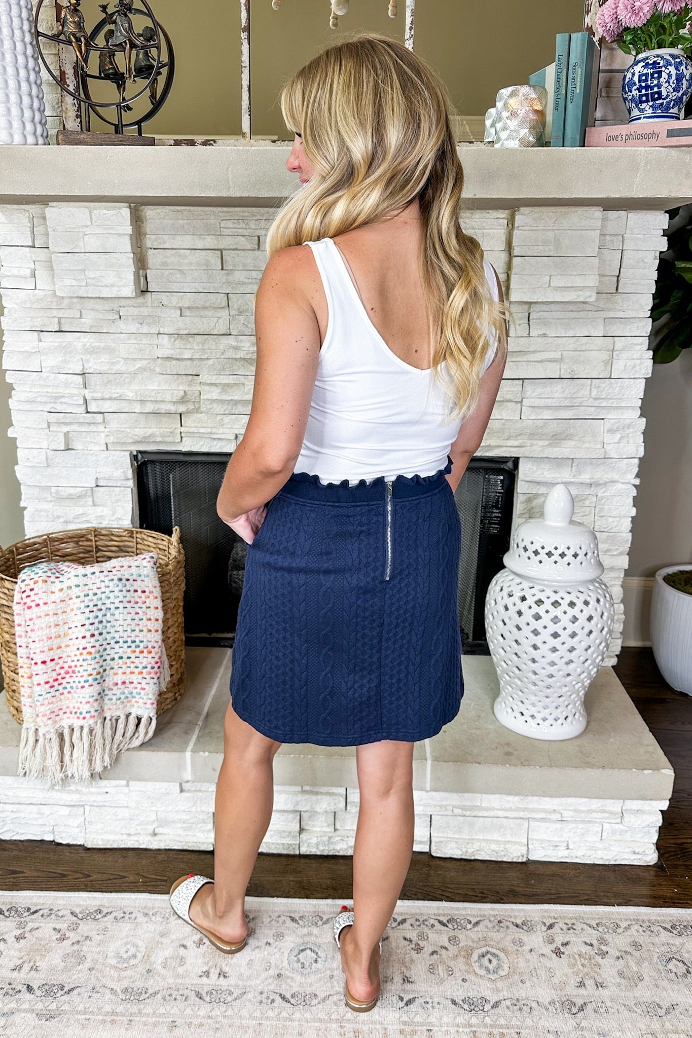 Ruffle Elastic Waist Cable Texture Pocketed Skirt in Navy