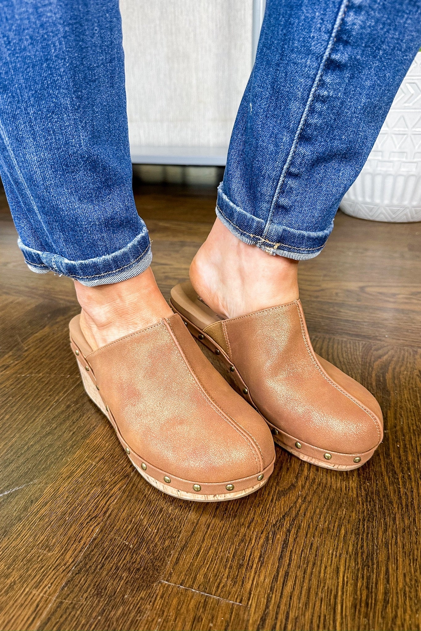 The Marley Faux Leather Clog Corkys Wedge in Antique Bronze