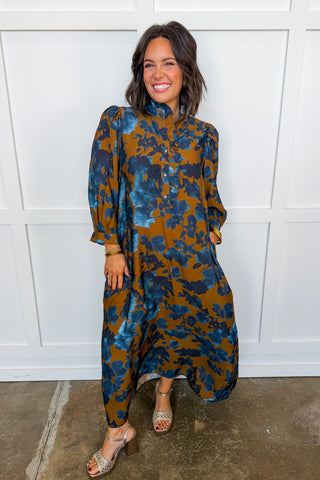 Social Season Button Front Midi Dress in Camel & Blue Floral
