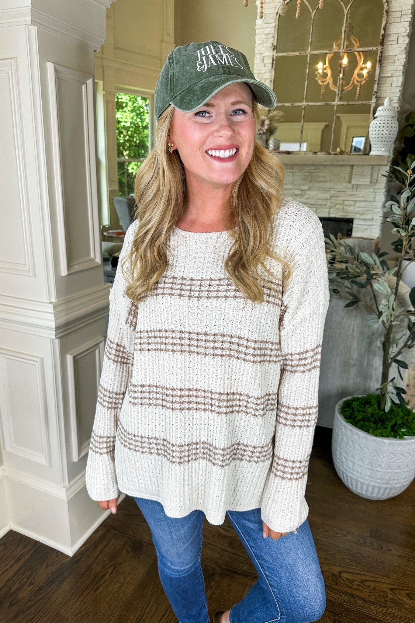 Neutral Colored Striped Scoop Neck Knit Sweater