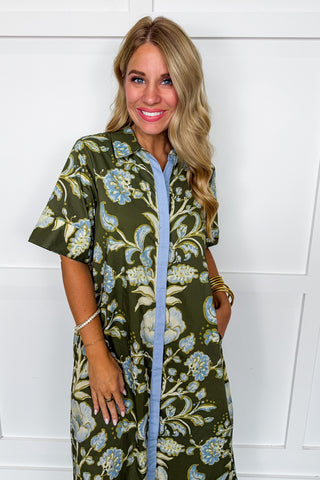 The Kayla Floral Midi Dress in Olive