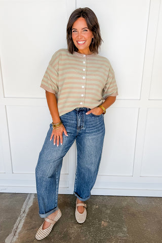 Better Together Stripe Button Down Top in Mushroom & Sage