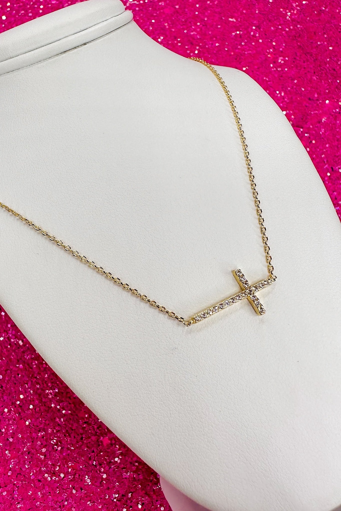 Side Crystal Cross Gold Chain Necklace