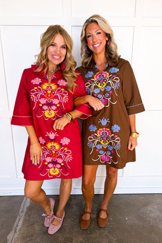 Folk Song Embroidered Shift Dress in Burgundy