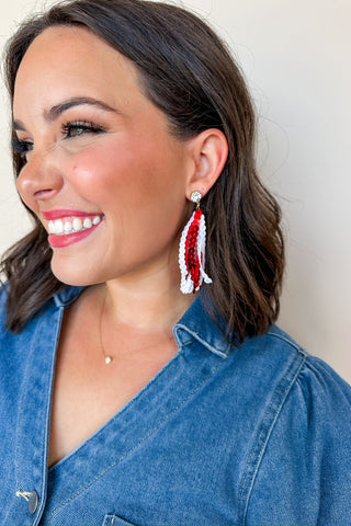 Red & White Sequin Tassel Earrings