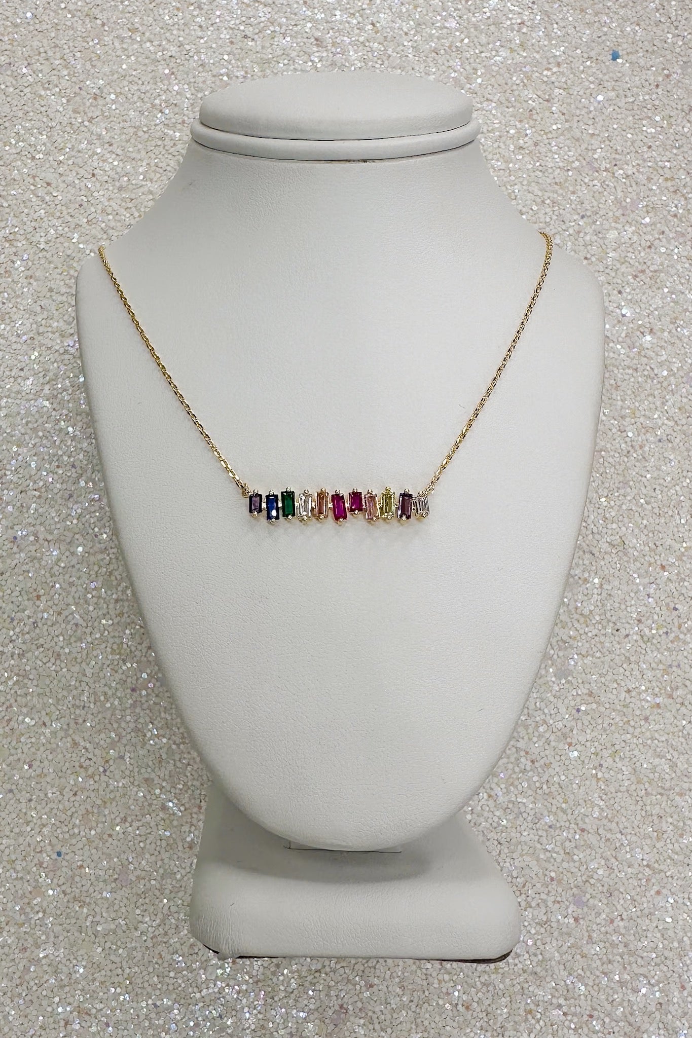 Rainbow Crystal Abstract Bar Gold Chain Necklace