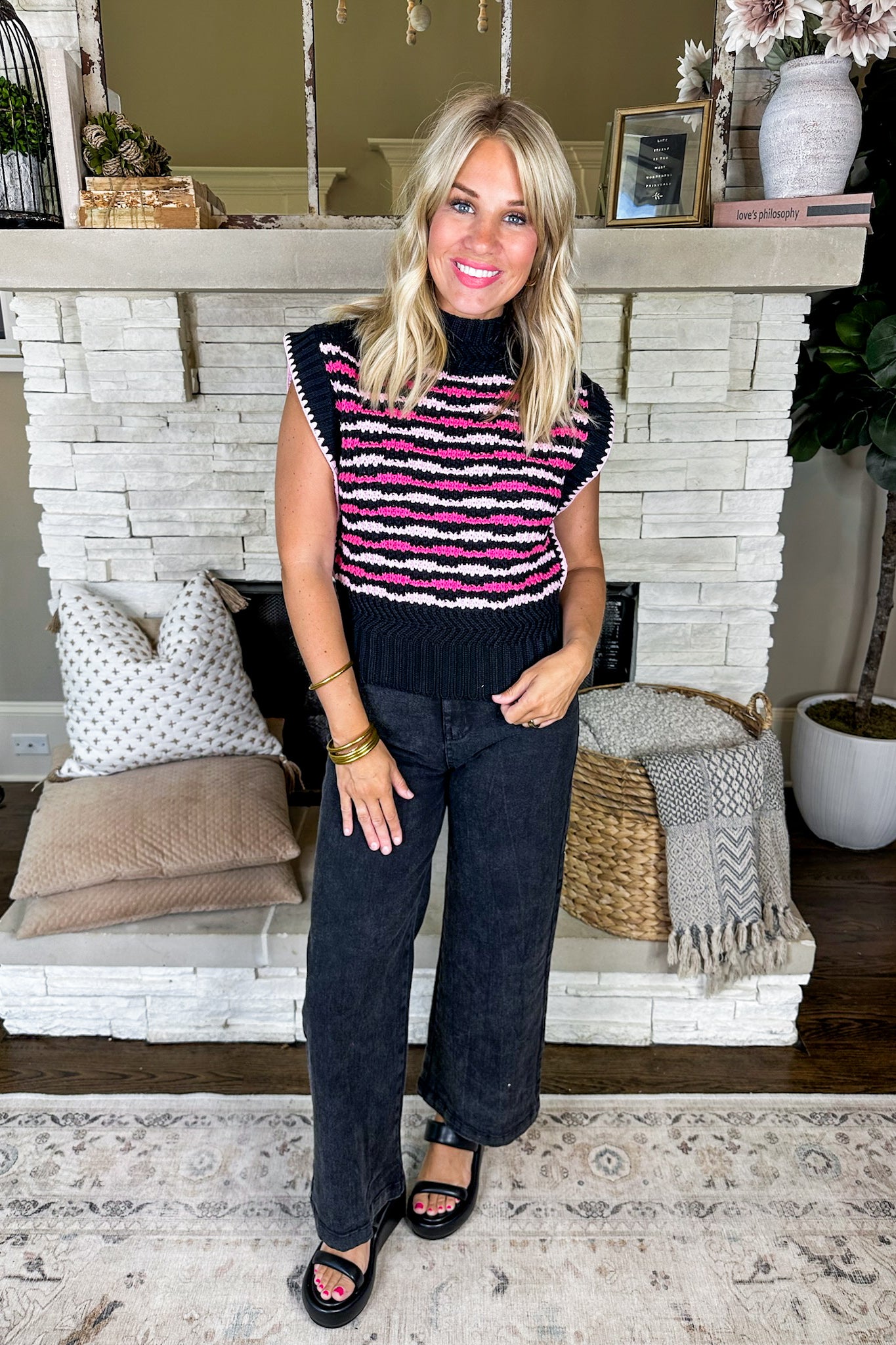 Pink Multi Stripe Cap Sleeve Knit Top in Black